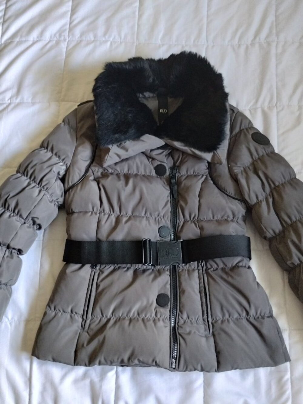Women's LARGE RUD Rudsak Parka with Rabbit Fur Trim Hood Leather Accent